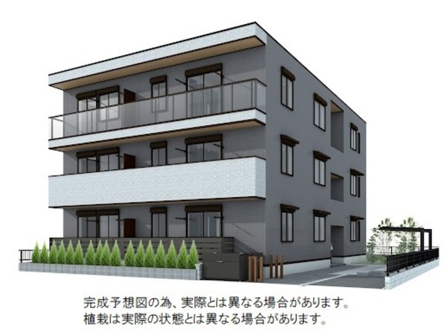建物外観　「完成予想図につき実際とは多少異なる場合があります」「植栽は