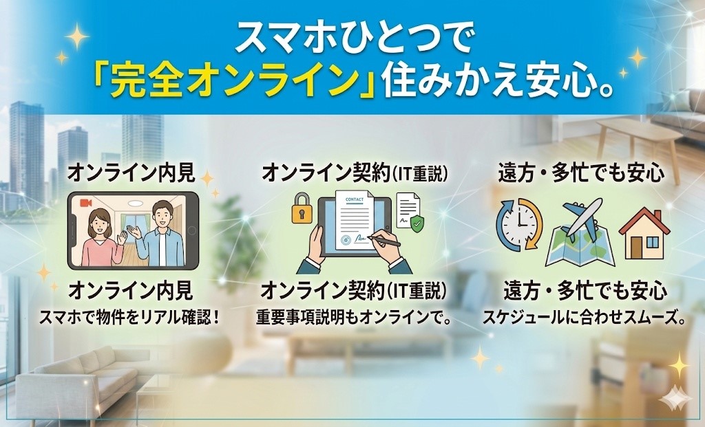 スマホ一つで内見から契約まで！「完全オンライン対応」で来店不要。多忙な方や遠方からの住み替えも安心。