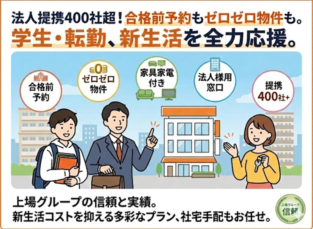 法人提携400社超！合格前予約やゼロゼロ物件も豊富。学生・転勤・初めての一人暮らしを全力応援。