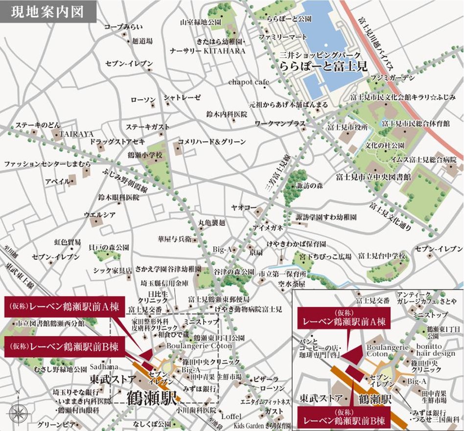 レーベン鶴瀬駅前 SOLEIZ／ACCEZの現地案内図