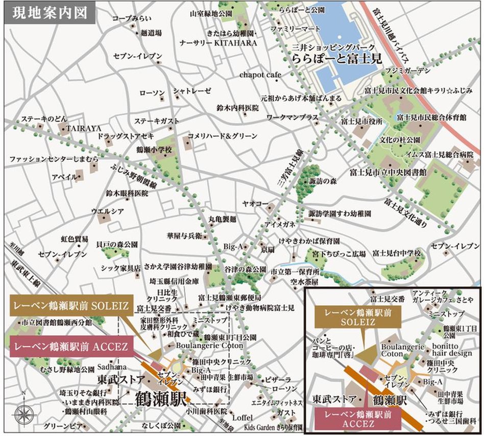 レーベン鶴瀬駅前 SOLEIZ／ACCEZの現地案内図