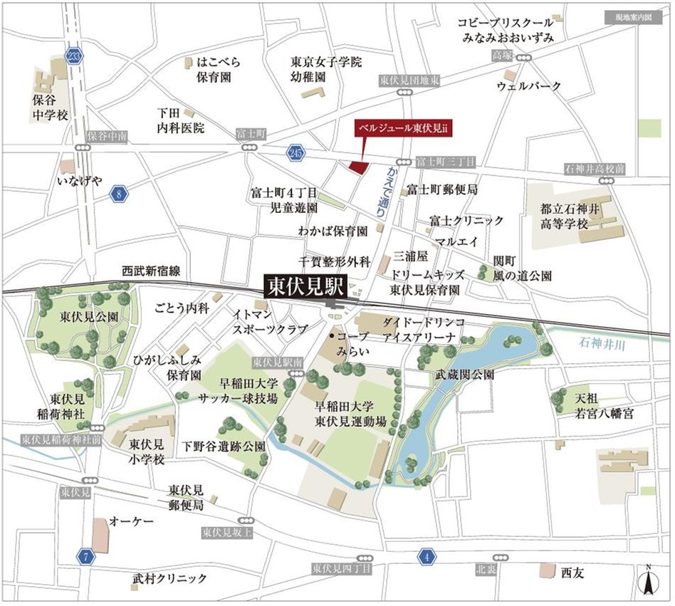 ベルジュール東伏見iiの現地案内図