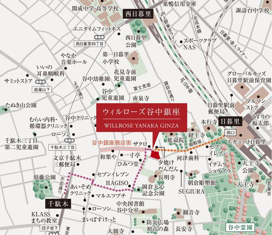 ウィルローズ谷中銀座の現地案内図