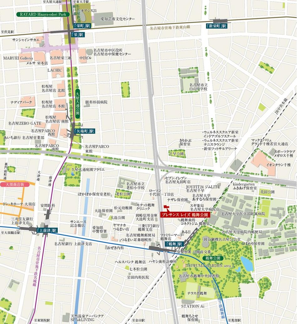 プレサンス レイズ 鶴舞公園の現地案内図