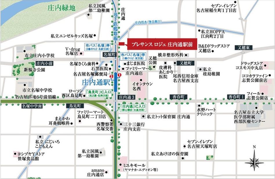 プレサンス ロジェ 庄内通駅前の現地案内図