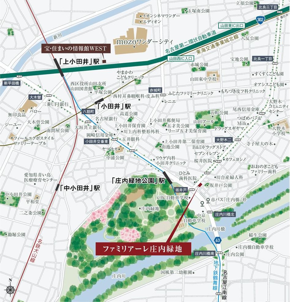 ファミリアーレ庄内緑地の現地案内図