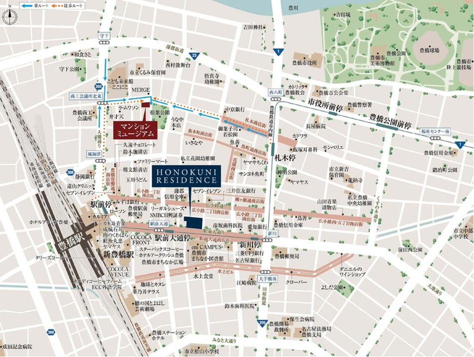 HONOKUNI RESIDENCE（ほの国百貨店跡地プロジェクト）の現地案内図