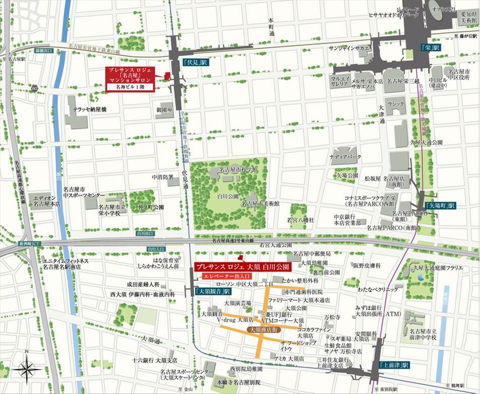 プレサンス ロジェ 大須 白川公園の現地案内図