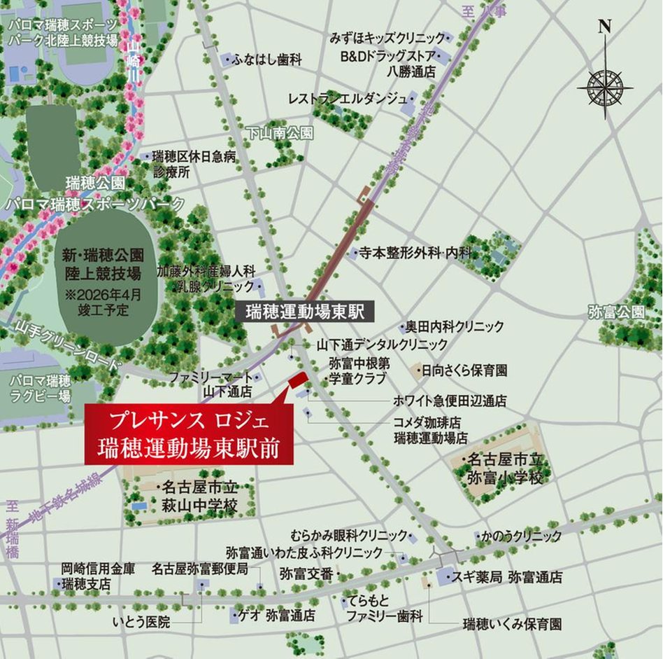 プレサンス ロジェ 瑞穂運動場東駅前の現地案内図