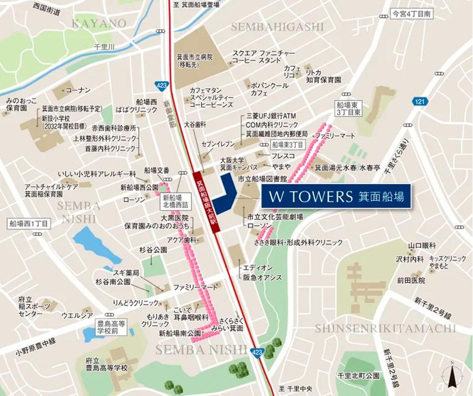 W TOWERS 箕面船場(CLASSY TOWER 箕面船場／Brillia(ブリリア) Tower 箕面船場 SKY & GARDEN)の現地案内図