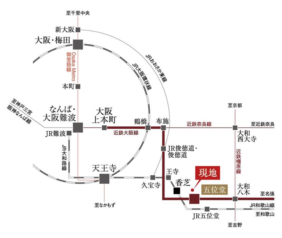 プレイズ香芝五位堂の交通アクセス図