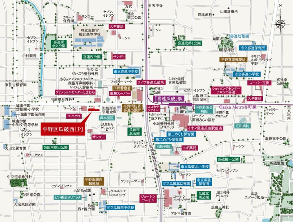 平野区瓜破西1PJの現地案内図