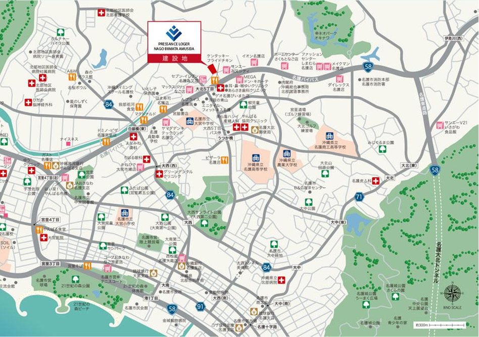プレサンス ロジェ 名護為又アミュージアの現地案内図